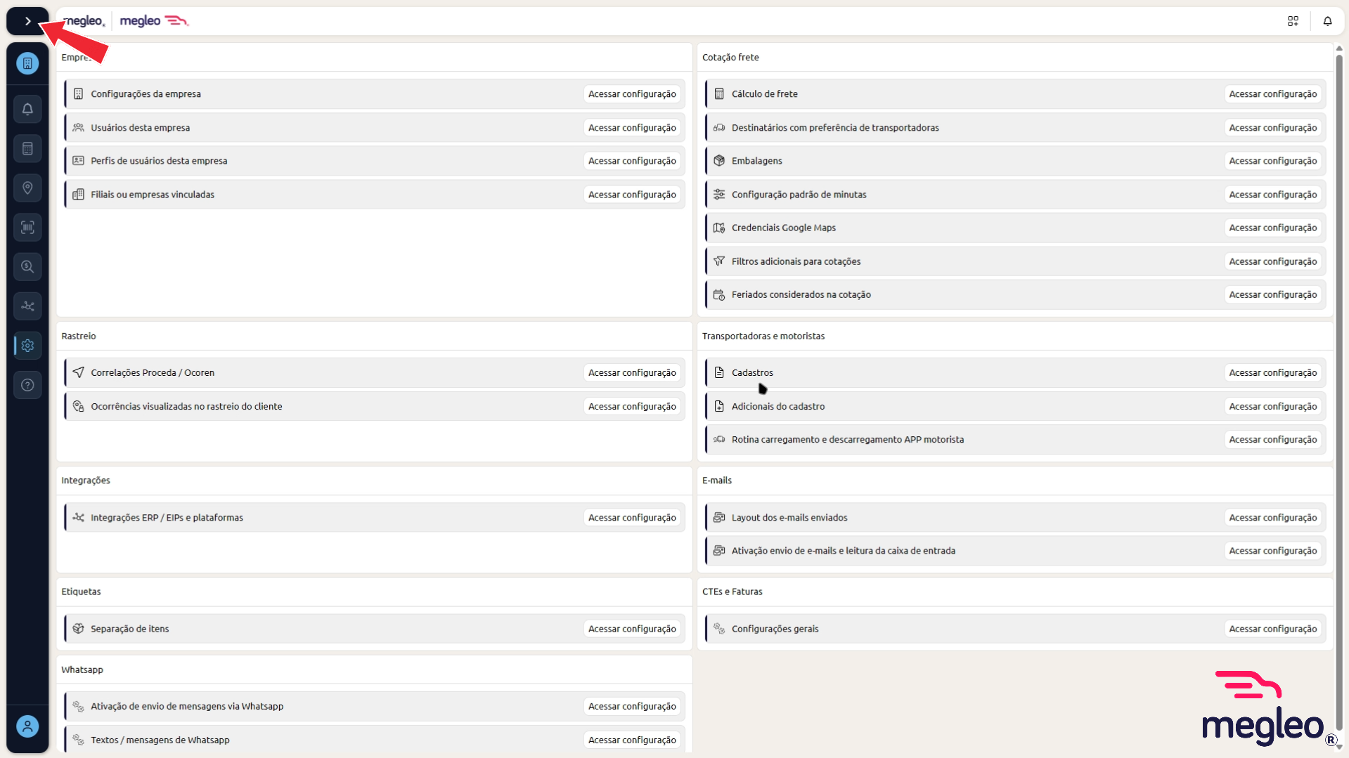 Menu lateral do TMS para abrir as Configurações Gerais