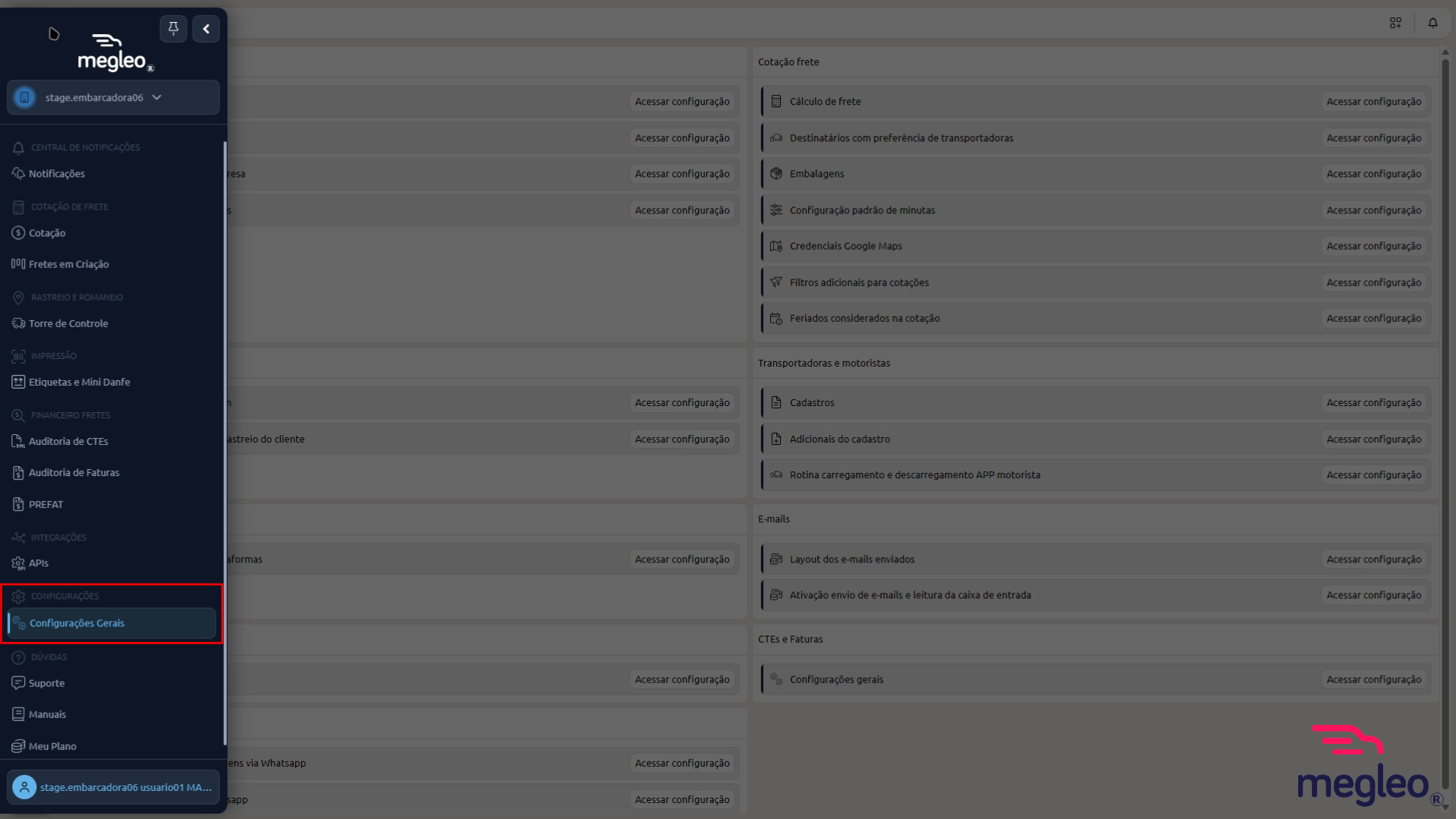 Menu lateral com Configurações e Configurações Gerais destacadas