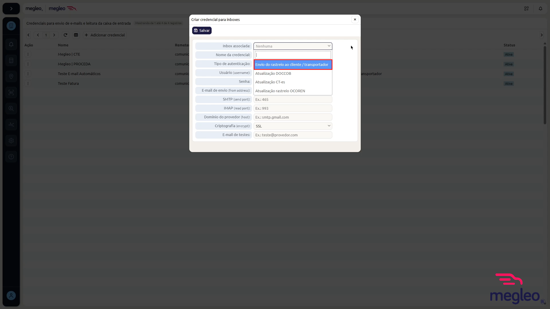Lista de opções disponíveis para a Inbox associada