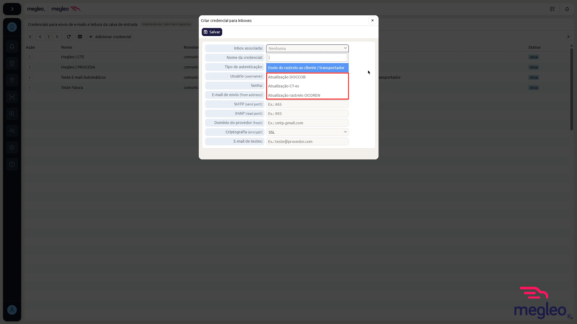 Opções de Inbox associada destacadas no formulário