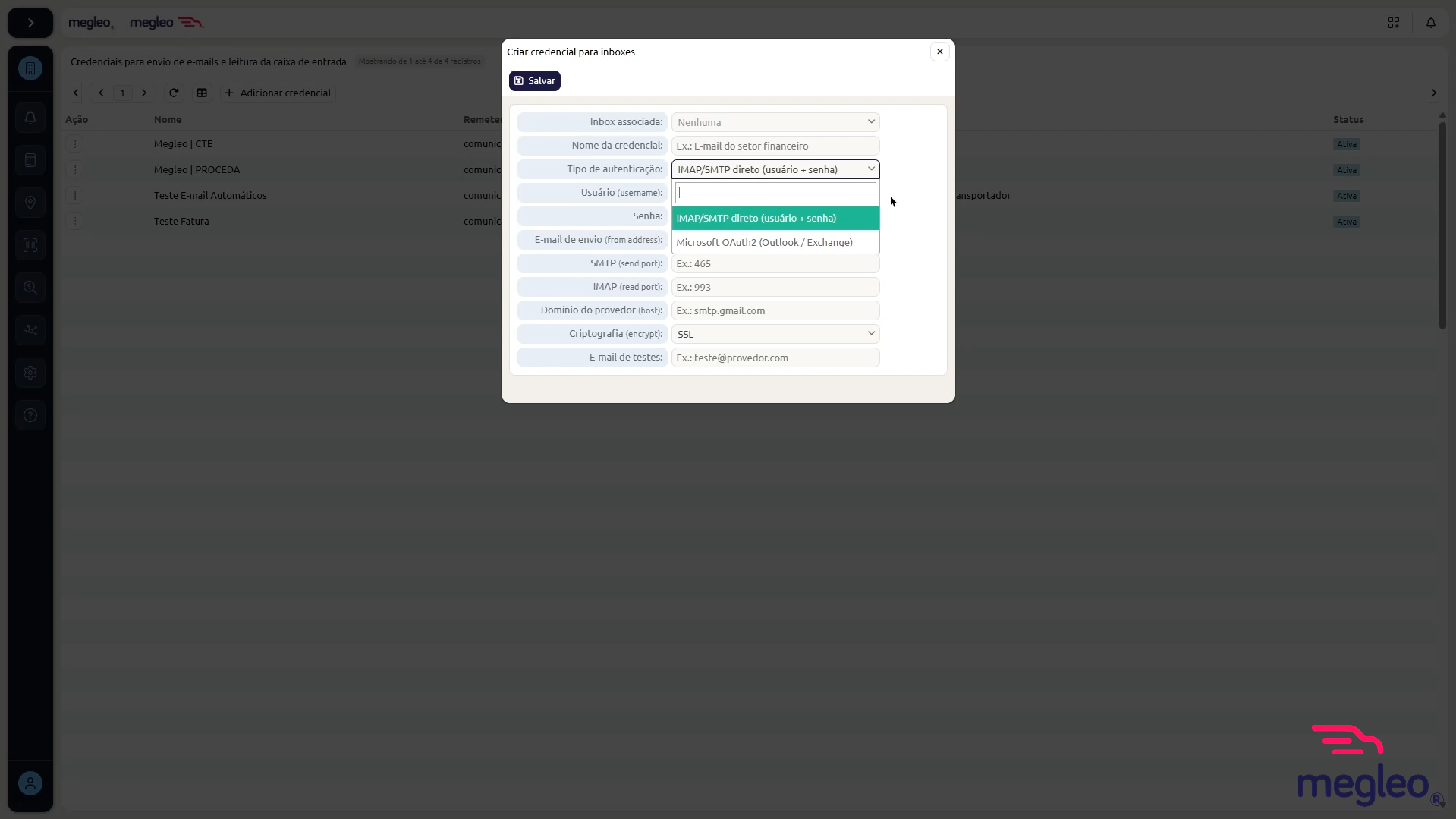 Modal de criação de credencial com os tipos IMAP/SMTP direto e Microsoft OAuth2