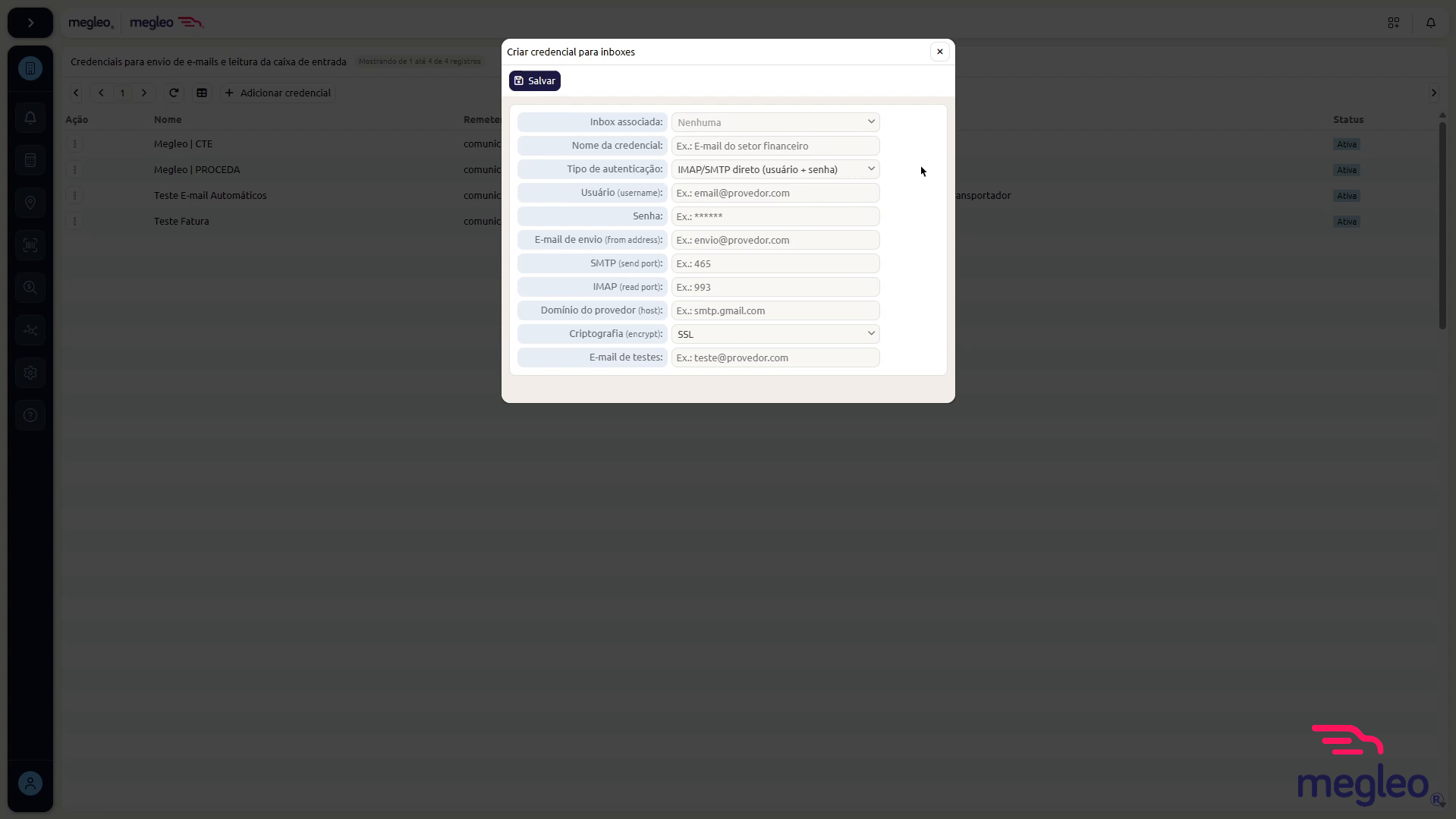 Formulário IMAP/SMTP direto com usuário, senha, e-mail de envio, portas SMTP e IMAP, domínio e criptografia