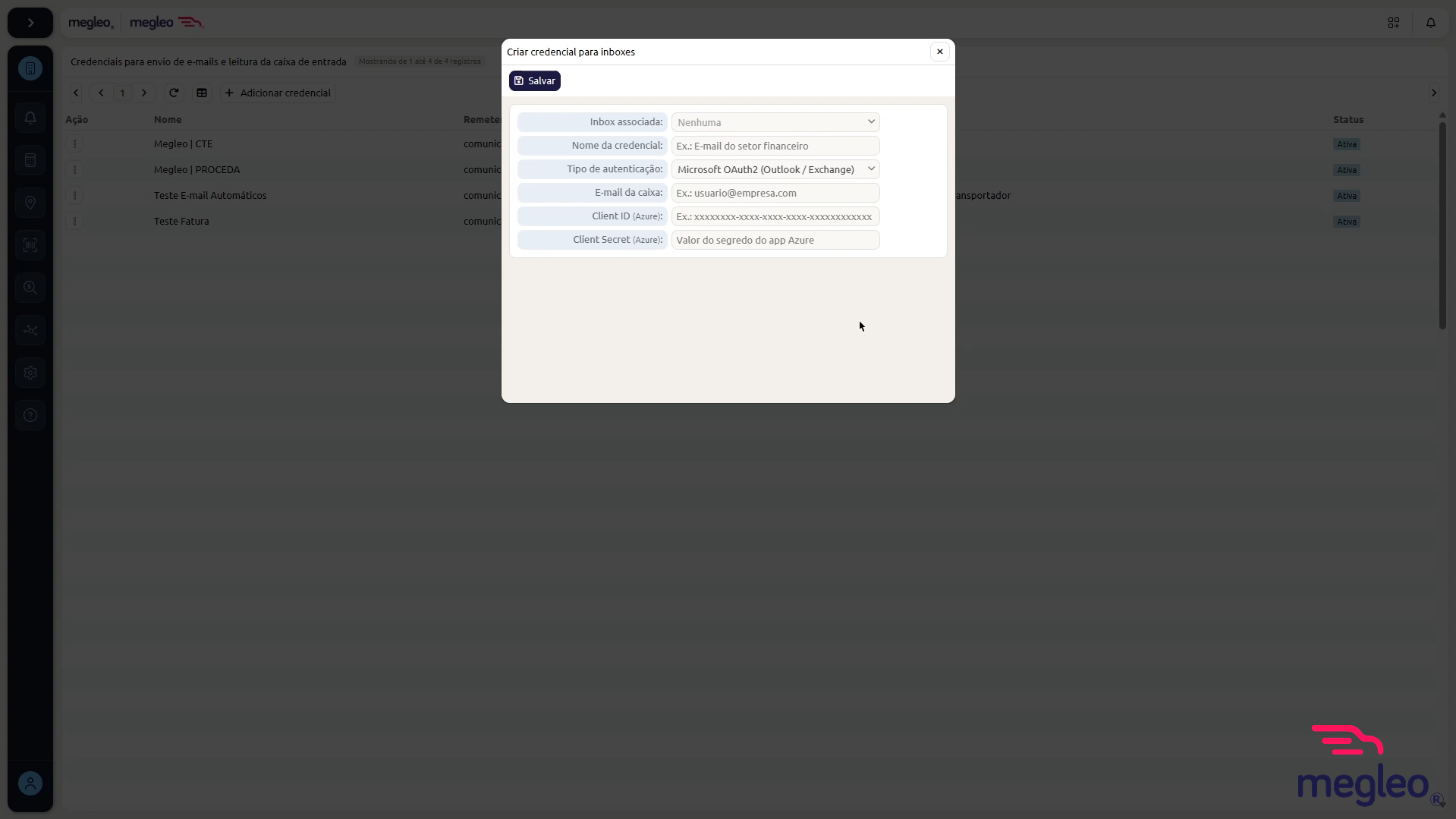 Formulário Microsoft OAuth2 para Outlook ou Exchange com e-mail, Client ID e Client Secret